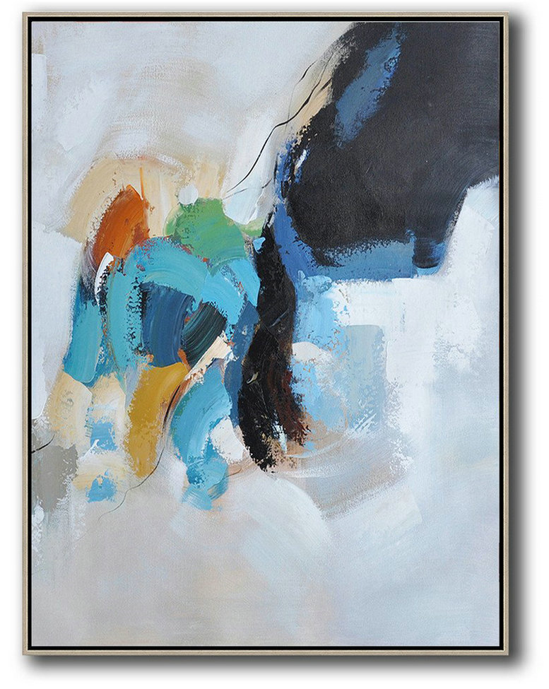 Large Abstract Painting,Vertical Palette Knife Contemporary Art,Contemporary Art Canvas Painting,Sky Blue,Grey,Black,Yellow,Orange.etc